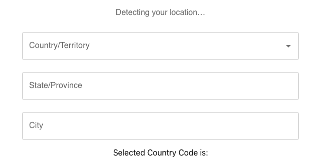 Auto-fill demo: fields show a Detecting your location loading state, then Country, State, and City fill in automatically from the visitor's IP (Australia, New South Wales, Sydney), then a click on the Country field opens the full dropdown with the auto-filled value highlighted, confirming the field is still editable